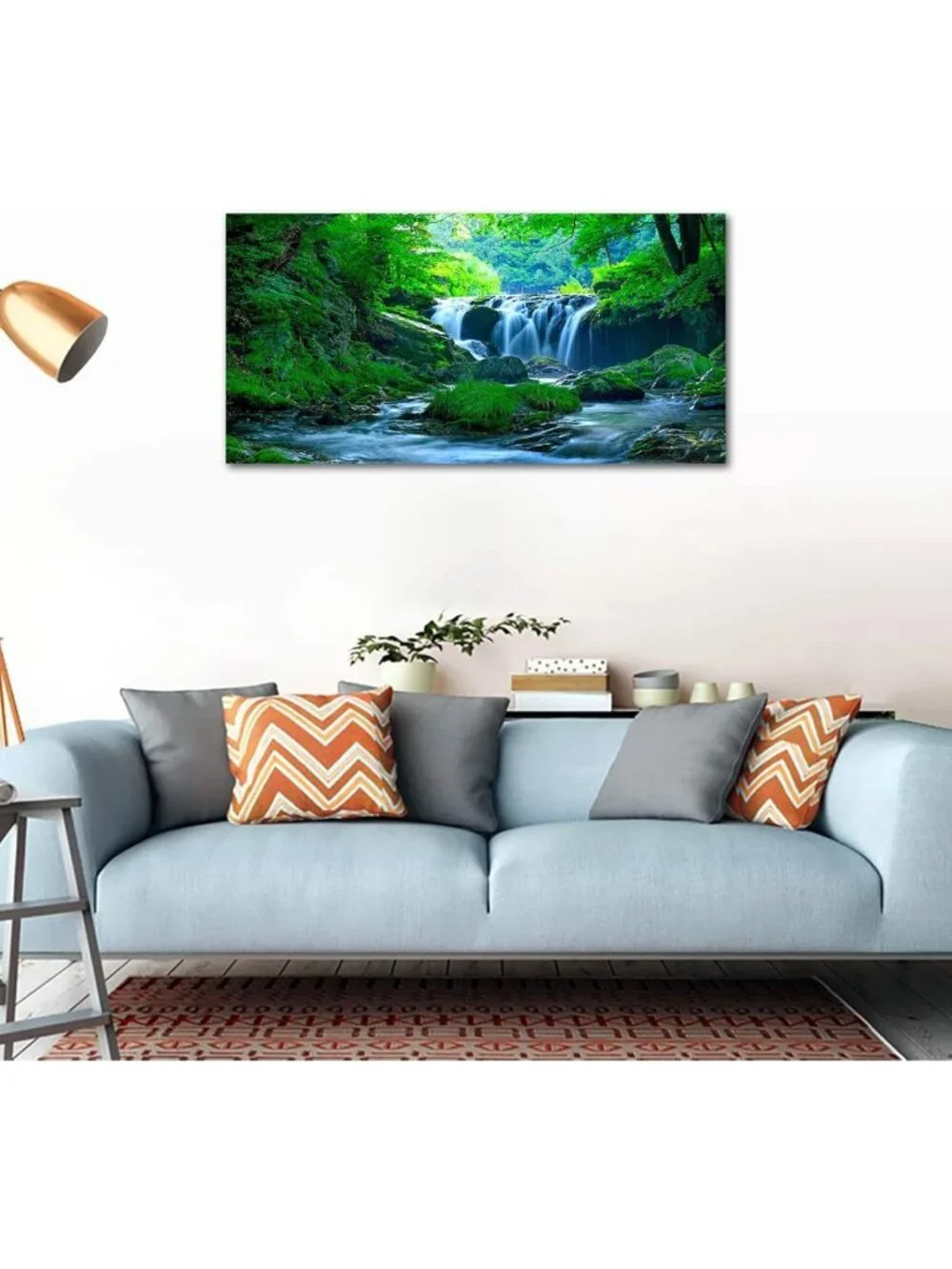 Calming Green Nature Landscape Canvas Art - Waterfall Wall Decor for Home